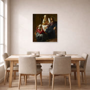 Unframed poster print of Johannes Vermeer's Christ in the House of Martha and Mary displayed on a wall in a dining room