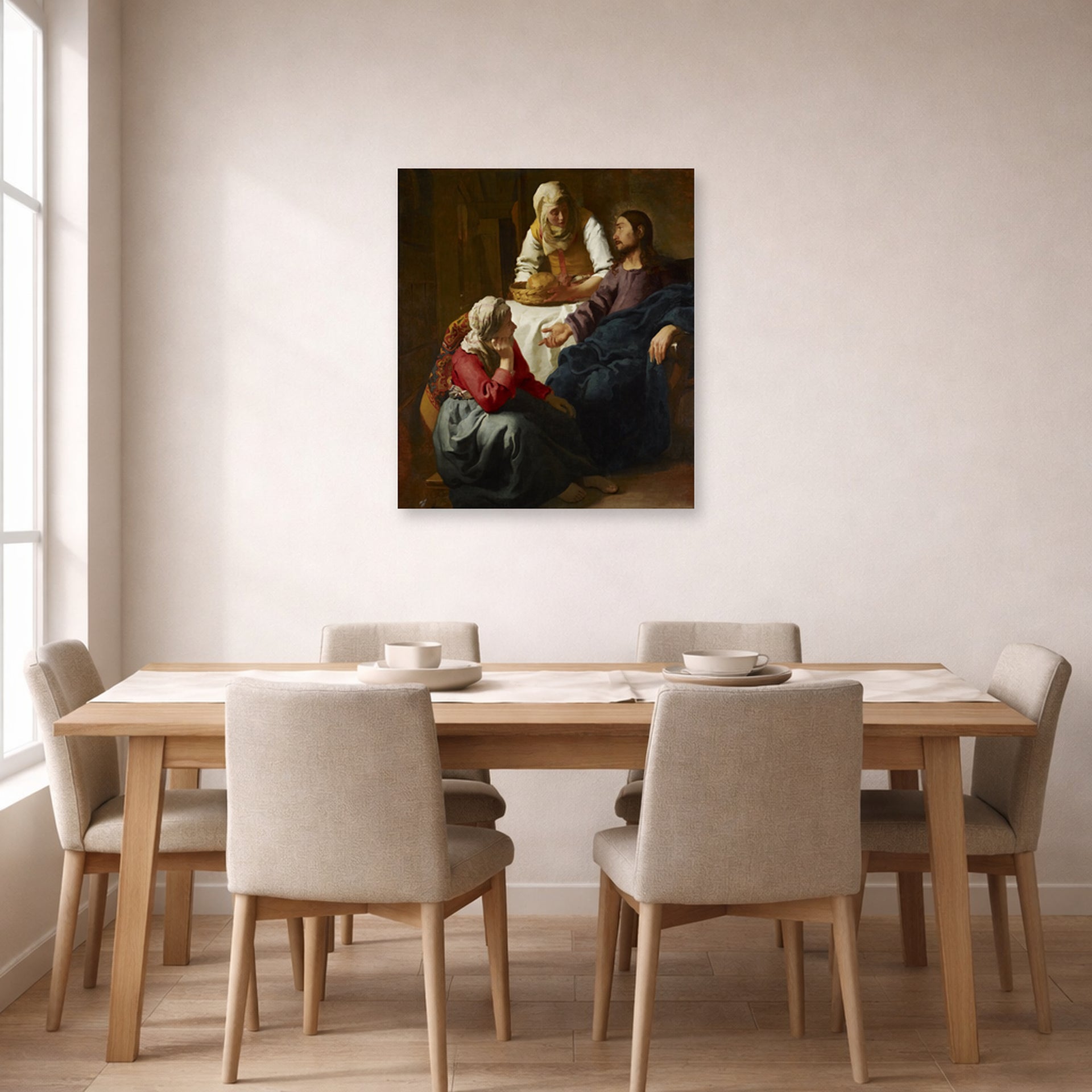 Unframed poster print of Johannes Vermeer's Christ in the House of Martha and Mary displayed on a wall in a dining room