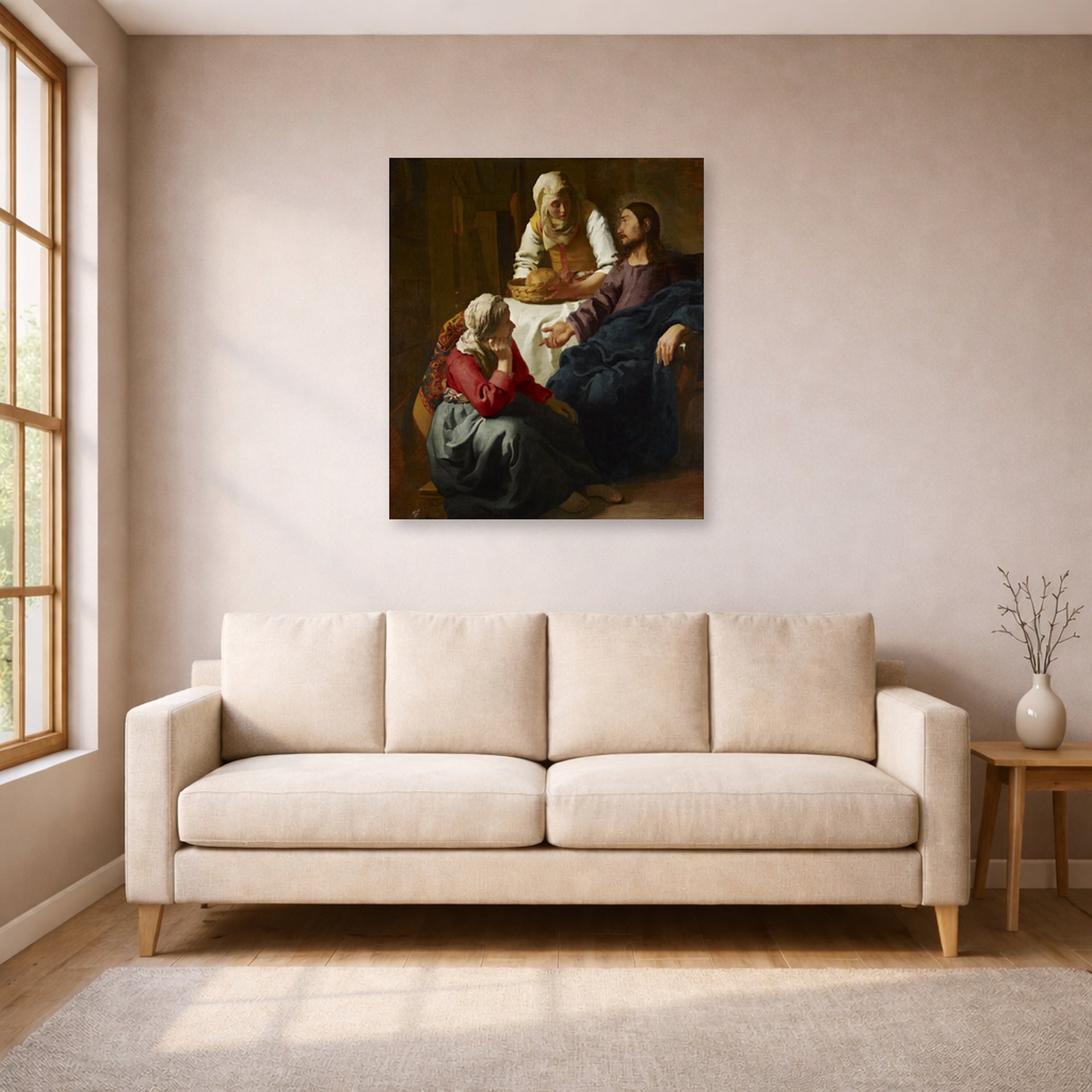 Unframed poster print of Johannes Vermeer's Christ in the House of Martha and Mary displayed on a wall in a living room