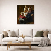 Unframed poster print of Johannes Vermeer's Christ in the House of Martha and Mary displayed on a wall in a living room