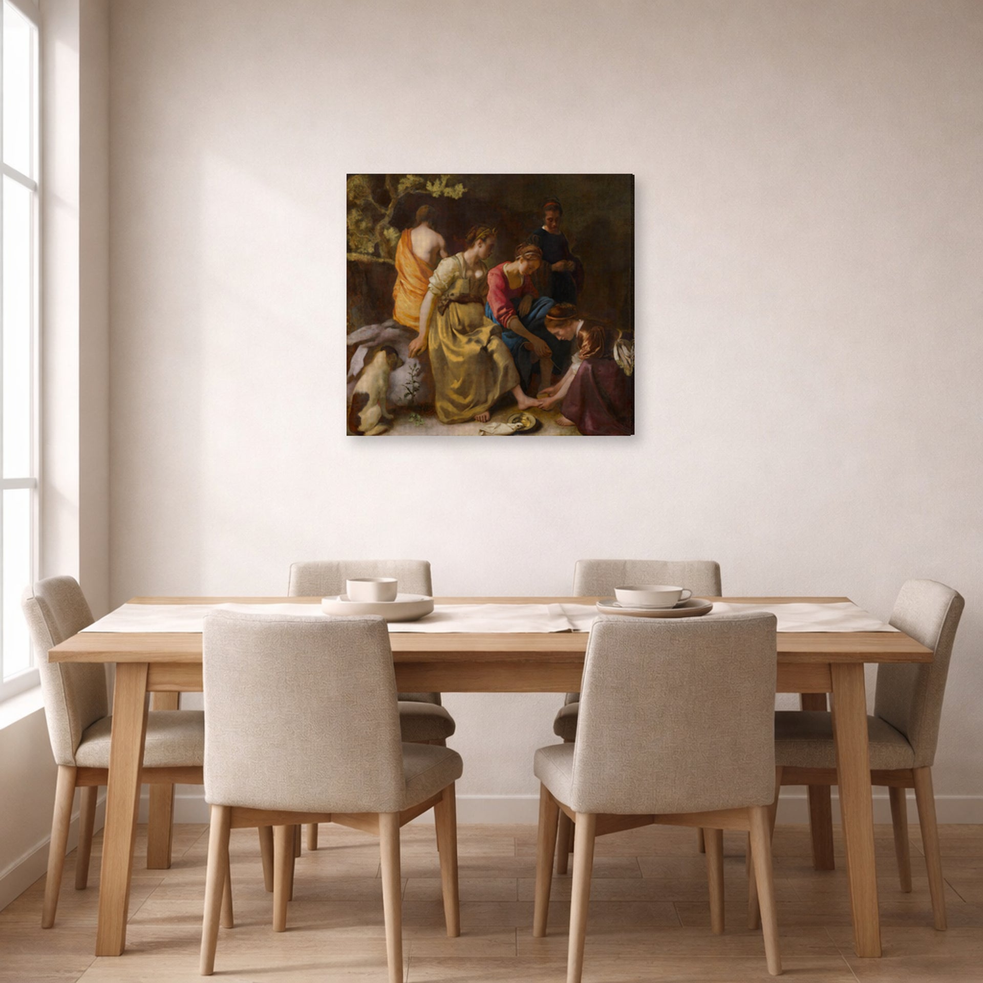 Gallery-wrapped canvas print of Johannes Vermeer's Diana and her companions or Diana and Her Nymphs displayed on a wall in a dining room
