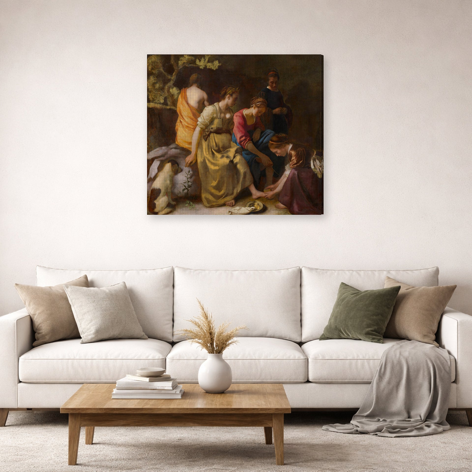 Gallery-wrapped canvas print of Johannes Vermeer's Diana and her companions or Diana and Her Nymphs displayed on a wall in a living room