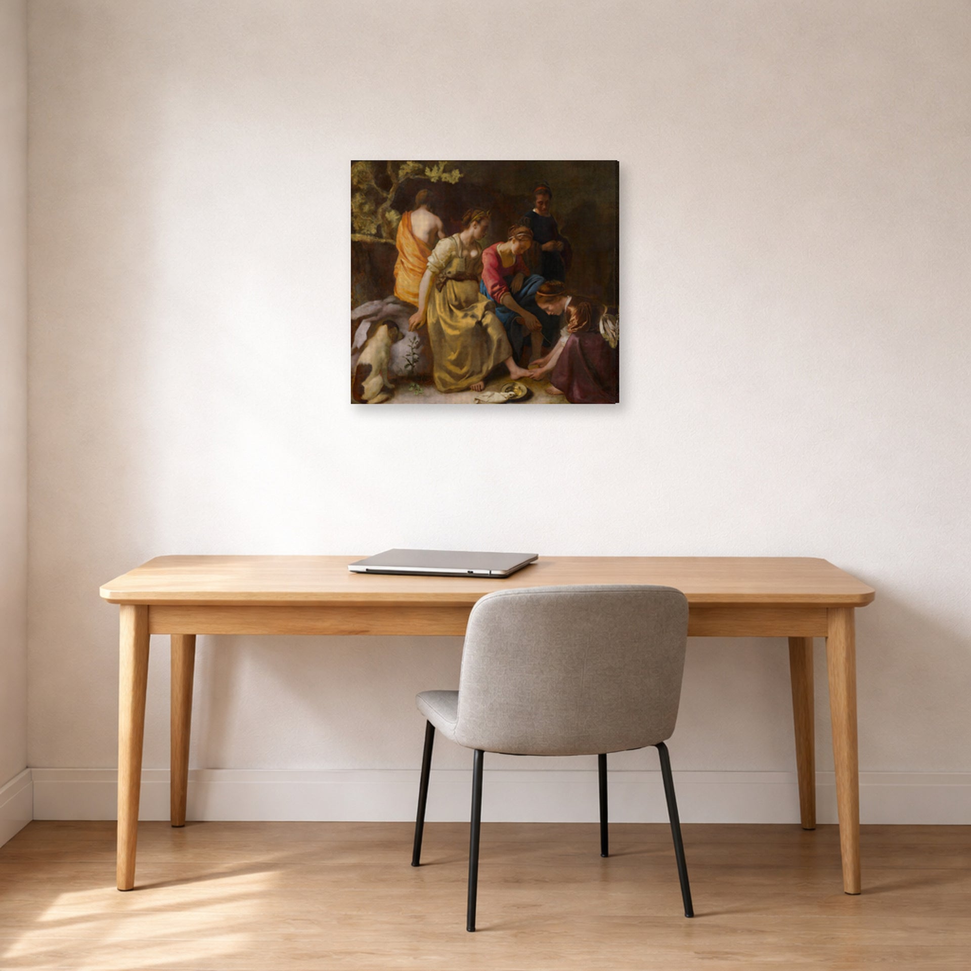 Gallery-wrapped canvas print of Johannes Vermeer's Diana and her companions or Diana and Her Nymphs displayed on a wall in a office