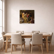 Unframed poster print of Johannes Vermeer's Diana and her companions or Diana and Her Nymphs displayed on a wall in a dining room