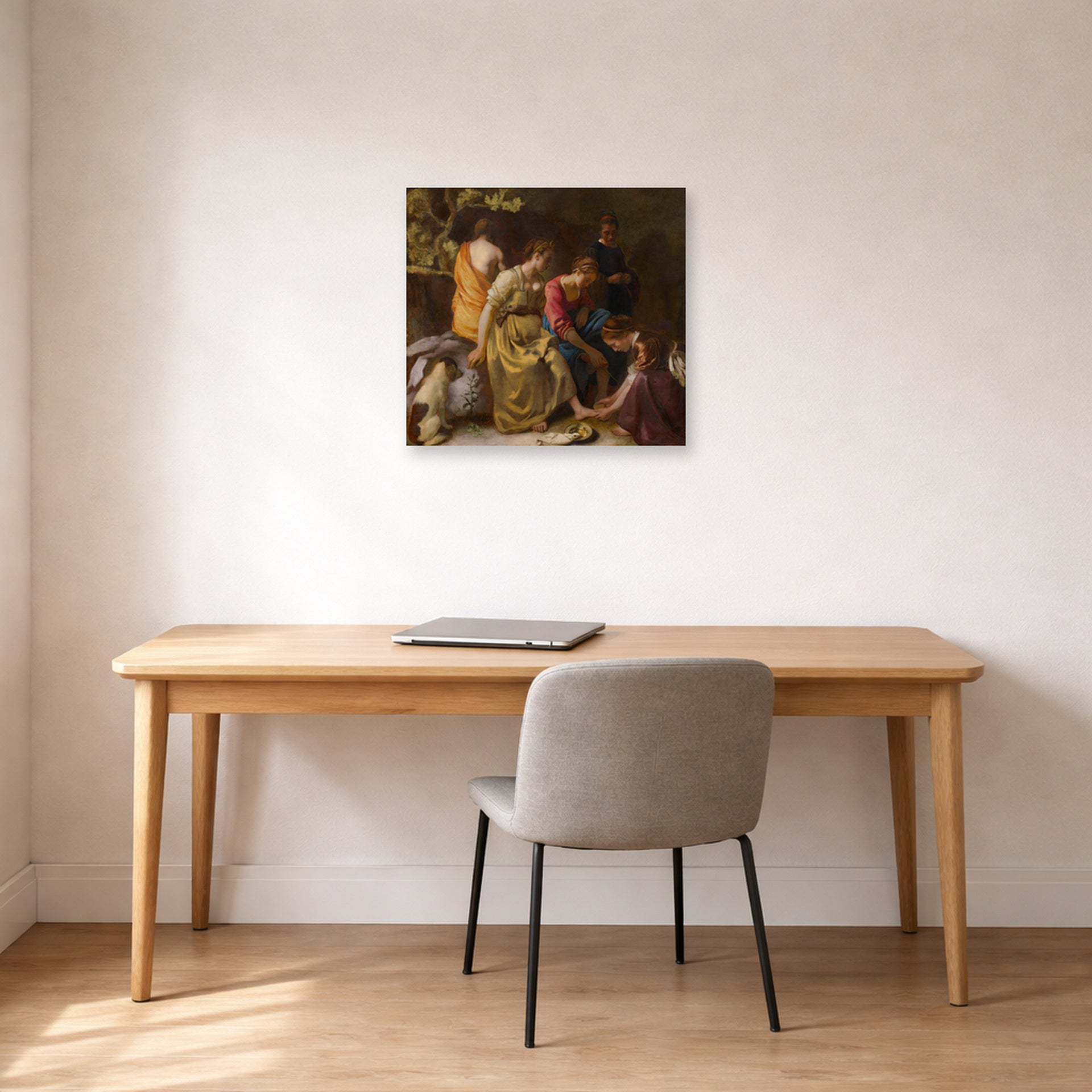 Unframed poster print of Johannes Vermeer's Diana and her companions or Diana and Her Nymphs displayed on a wall in a office