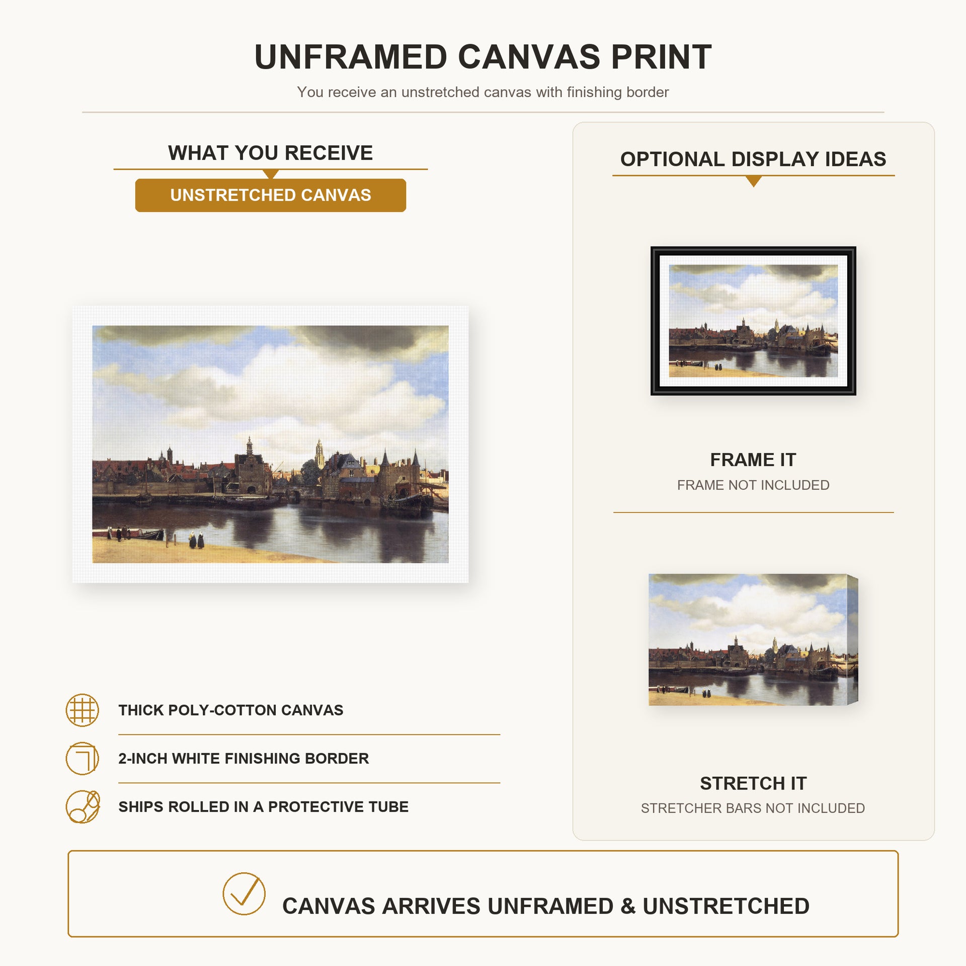 Johannes Vermeer - View of Delft canvas print size comparison and framing display infographic