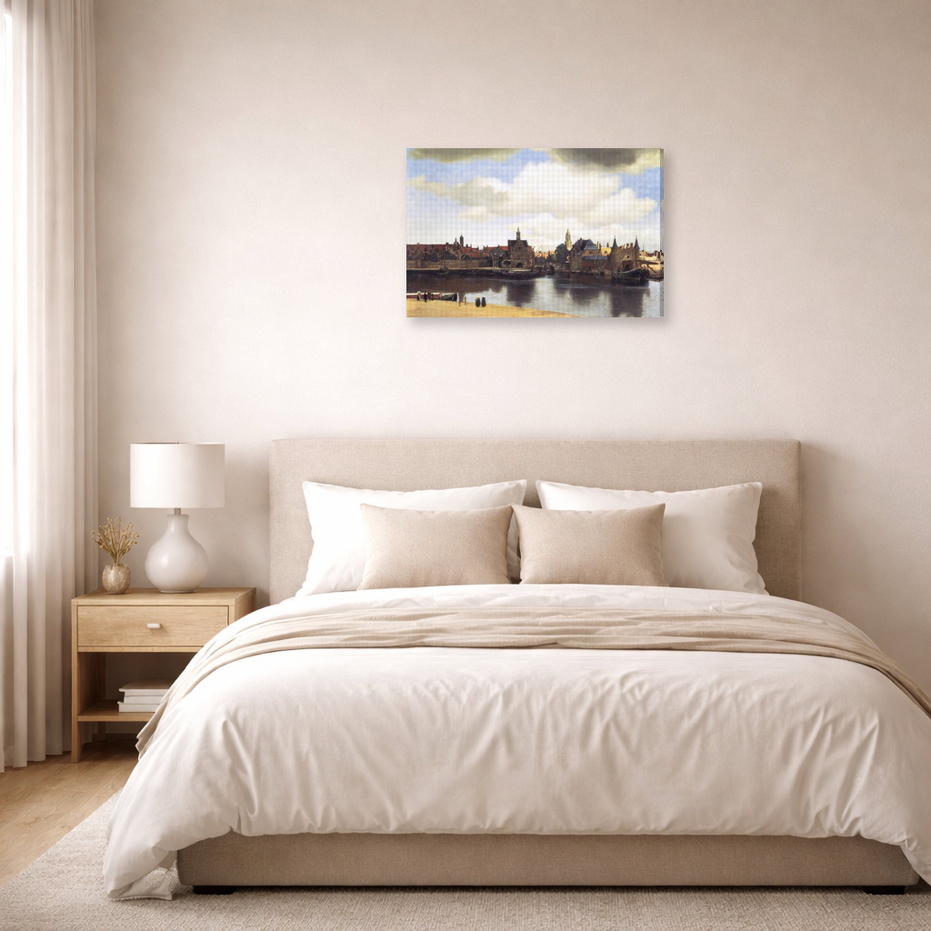 Gallery-wrapped canvas print of Johannes Vermeer's View of Delft displayed on a wall in a bedroom