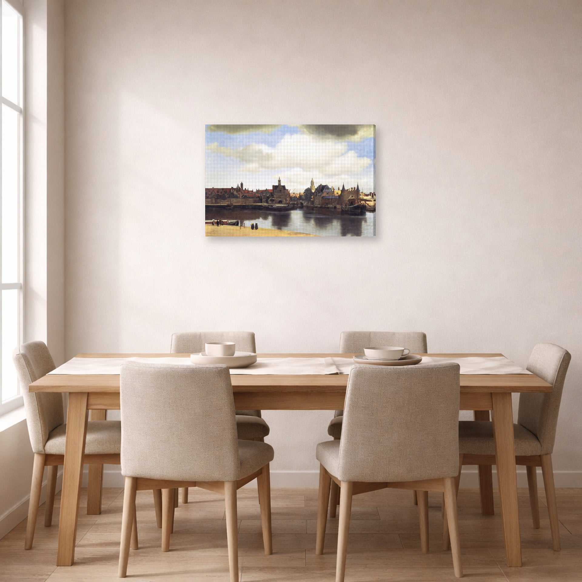 Gallery-wrapped canvas print of Johannes Vermeer's View of Delft displayed on a wall in a dining room