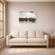 Gallery-wrapped canvas print of Johannes Vermeer's View of Delft displayed on a wall in a living room
