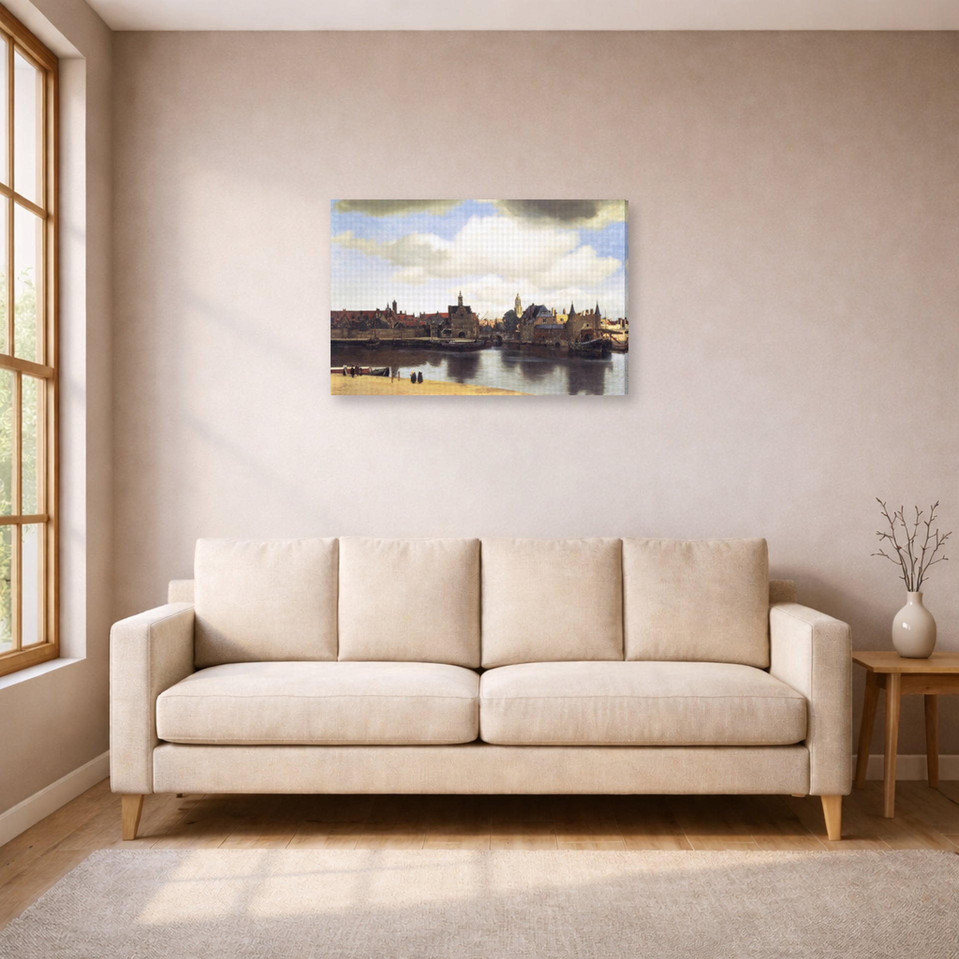 Gallery-wrapped canvas print of Johannes Vermeer's View of Delft displayed on a wall in a living room