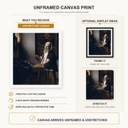 Johannes Vermeer - Woman Holding a Balance canvas print size comparison and framing display infographic