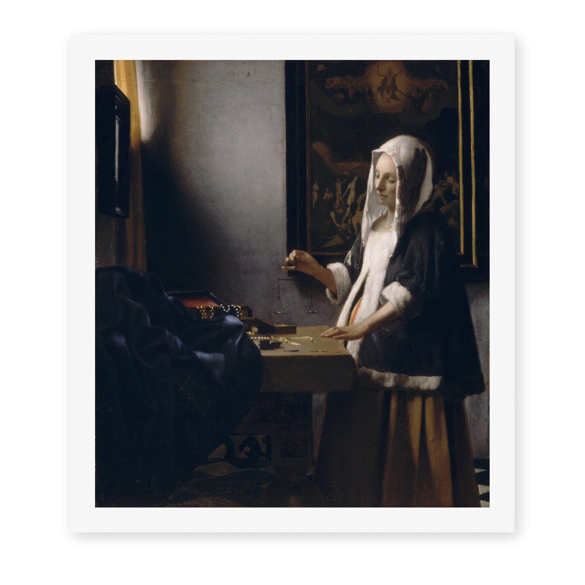Johannes Vermeer's 'Woman Holding a Balance' painting reproduced as a rolled canvas print