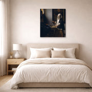 Gallery-wrapped canvas print of Johannes Vermeer's Woman Holding a Balance displayed on a wall in a bedroom