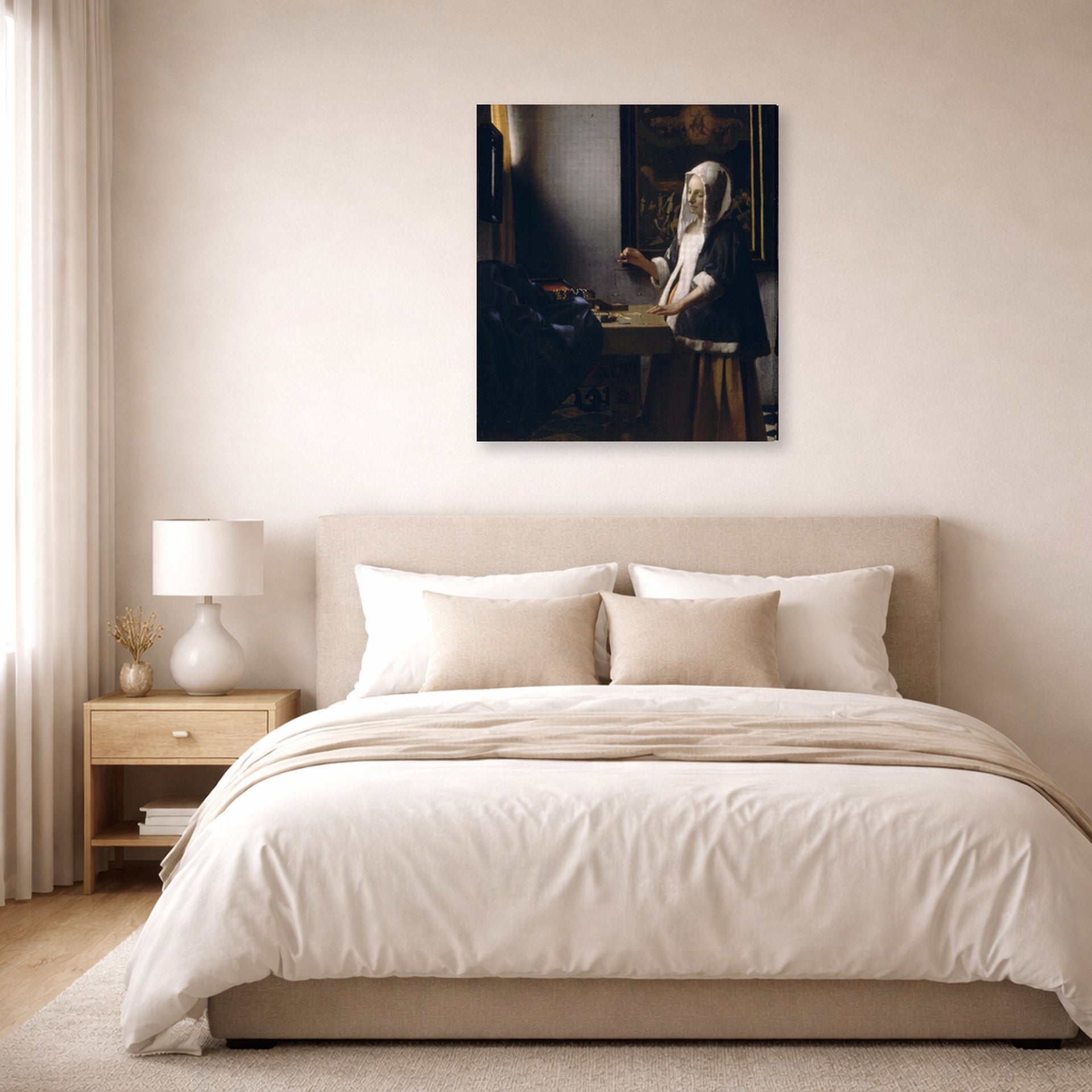 Gallery-wrapped canvas print of Johannes Vermeer's Woman Holding a Balance displayed on a wall in a bedroom