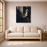 Gallery-wrapped canvas print of Johannes Vermeer's Woman Holding a Balance displayed on a wall in a living room