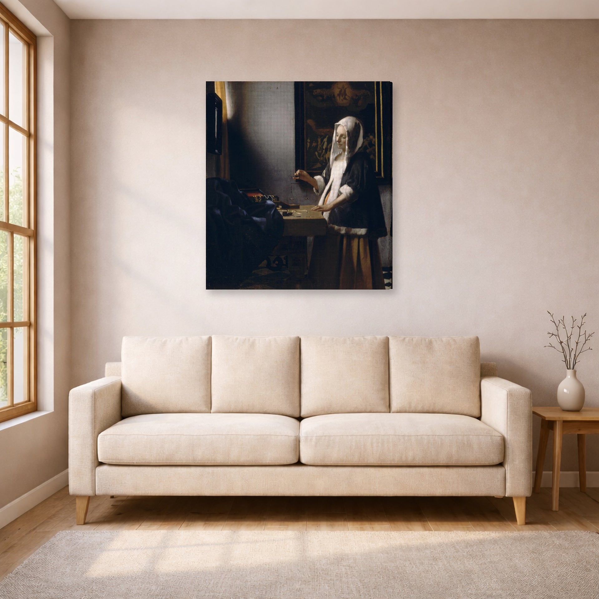 Gallery-wrapped canvas print of Johannes Vermeer's Woman Holding a Balance displayed on a wall in a living room