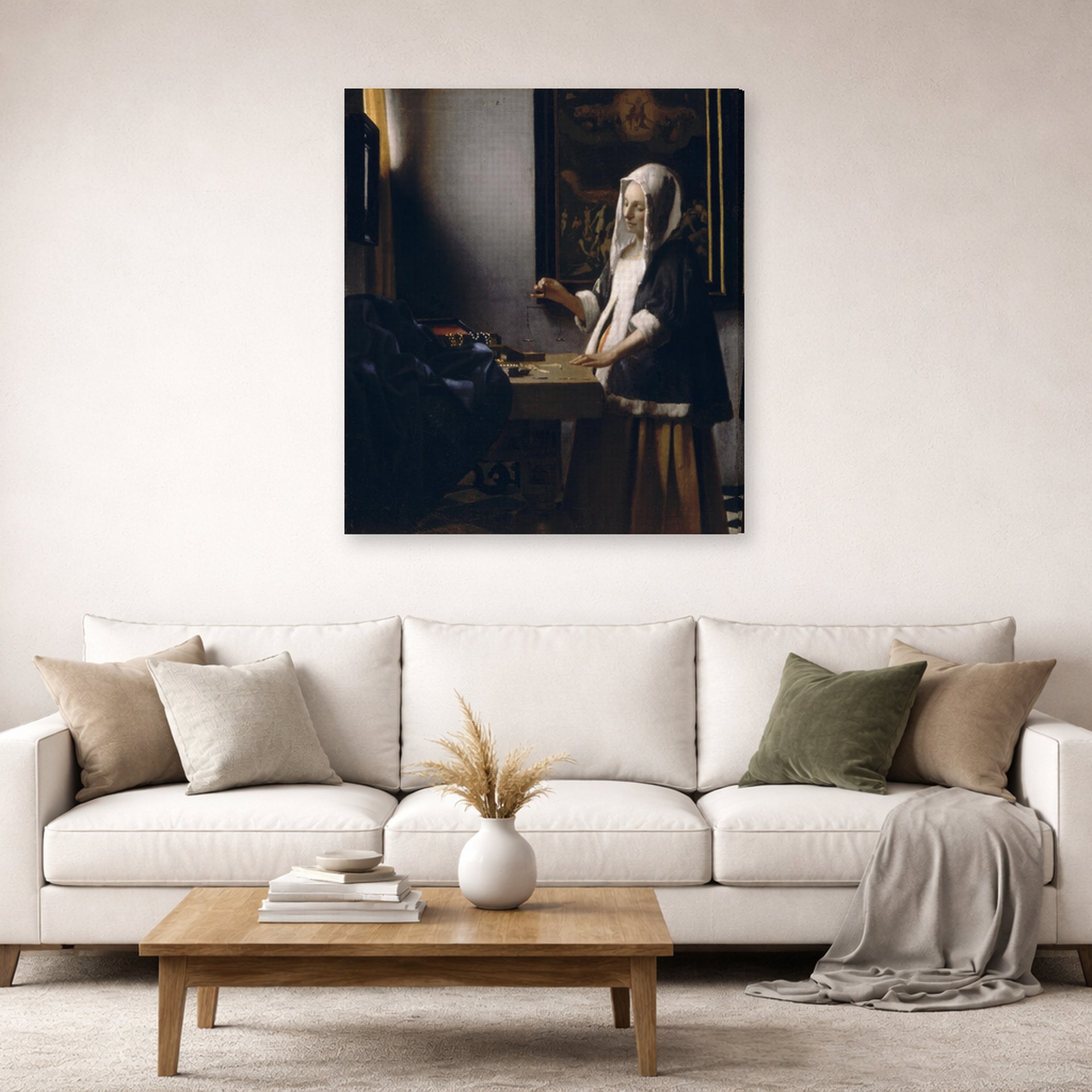 Gallery-wrapped canvas print of Johannes Vermeer's Woman Holding a Balance displayed on a wall in a living room