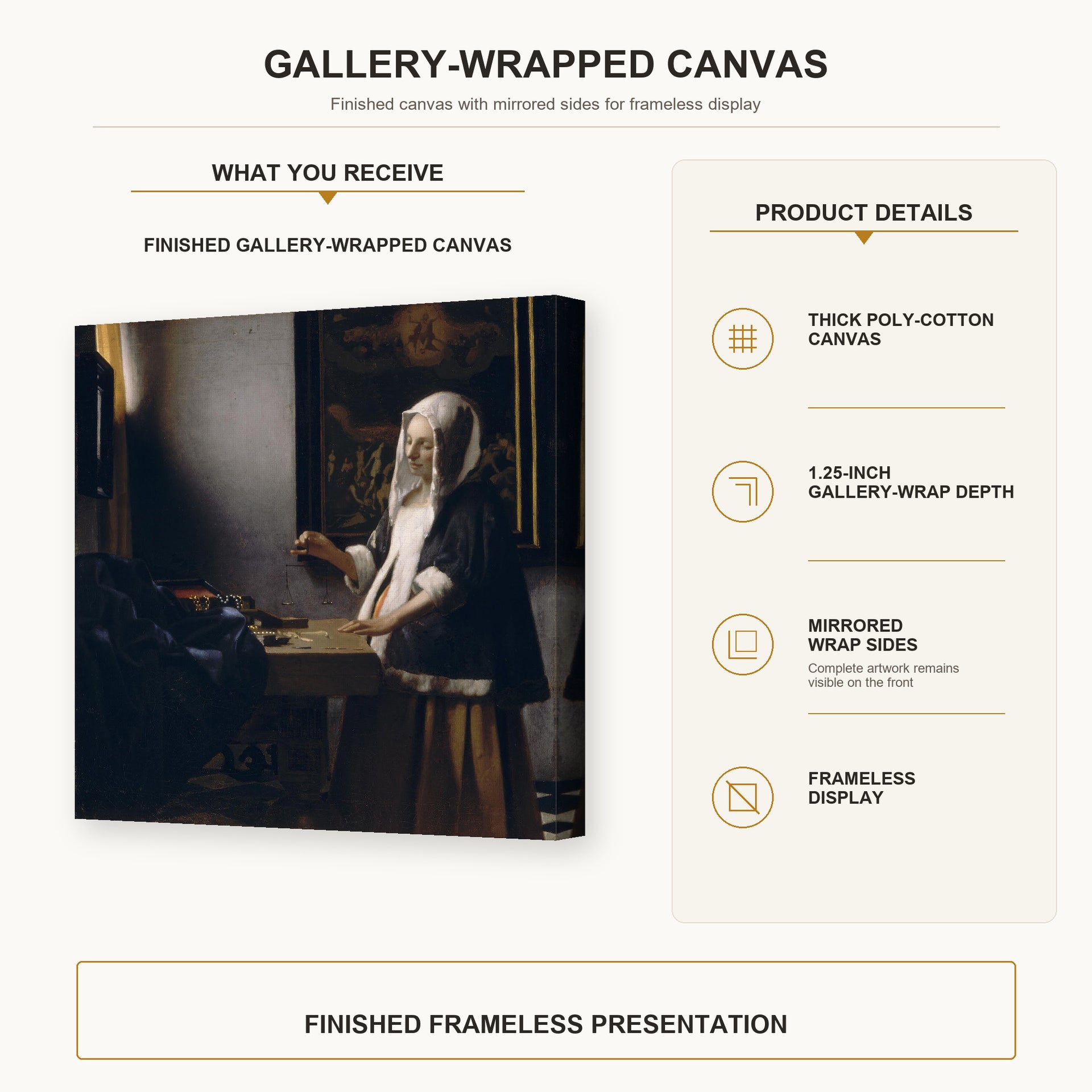 Johannes Vermeer - Woman Holding a Balance gallery wrap canvas construction and hanging details infographic