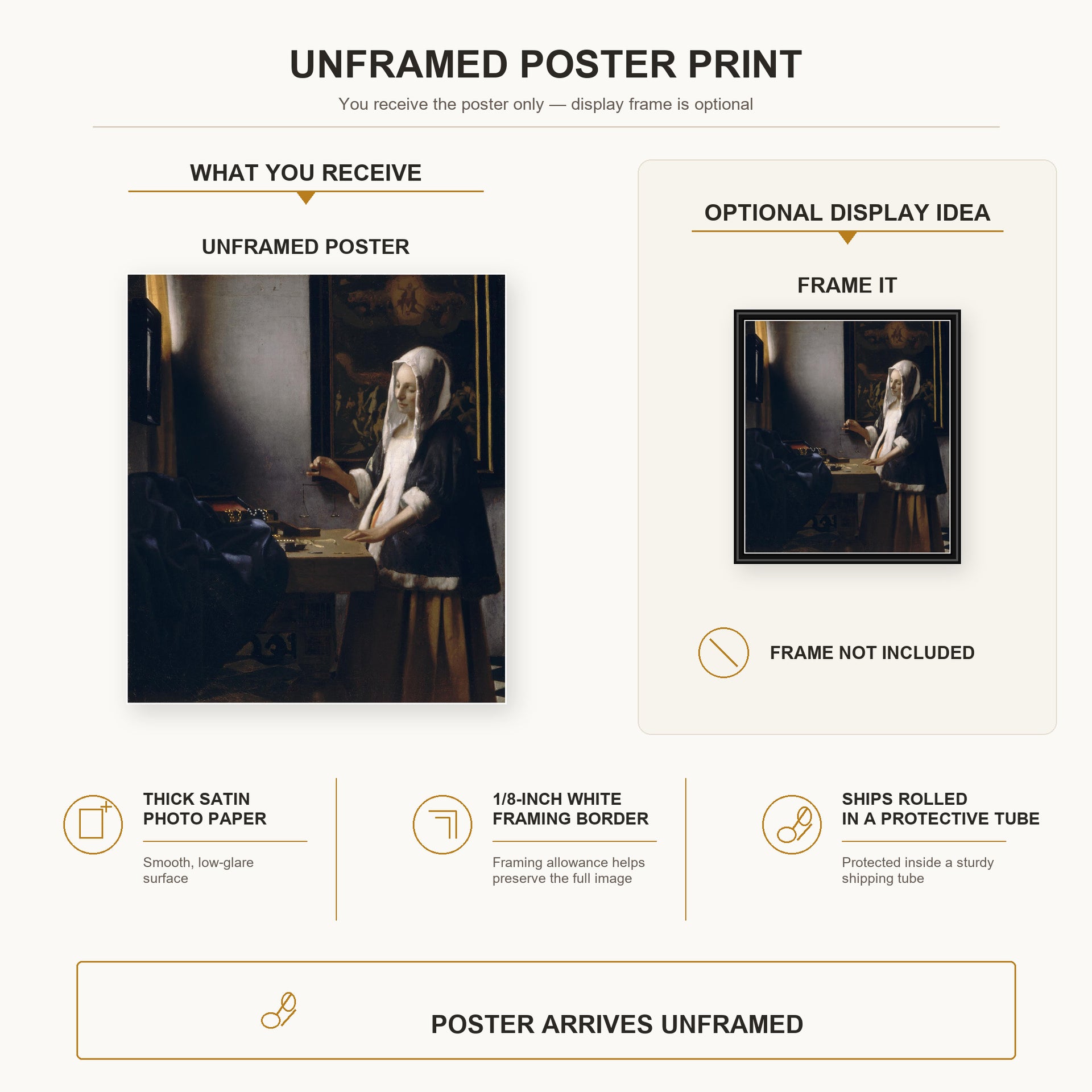Johannes Vermeer - Woman Holding a Balance poster print size comparison and framing display infographic