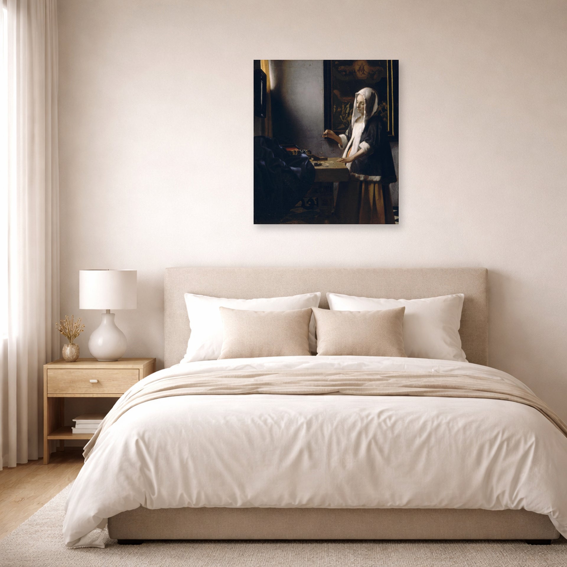 Unframed poster print of Johannes Vermeer's Woman Holding a Balance displayed on a wall in a bedroom