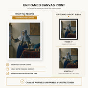 Johannes Vermeer - Young Woman with a Water Pitcher canvas print size comparison and framing display infographic