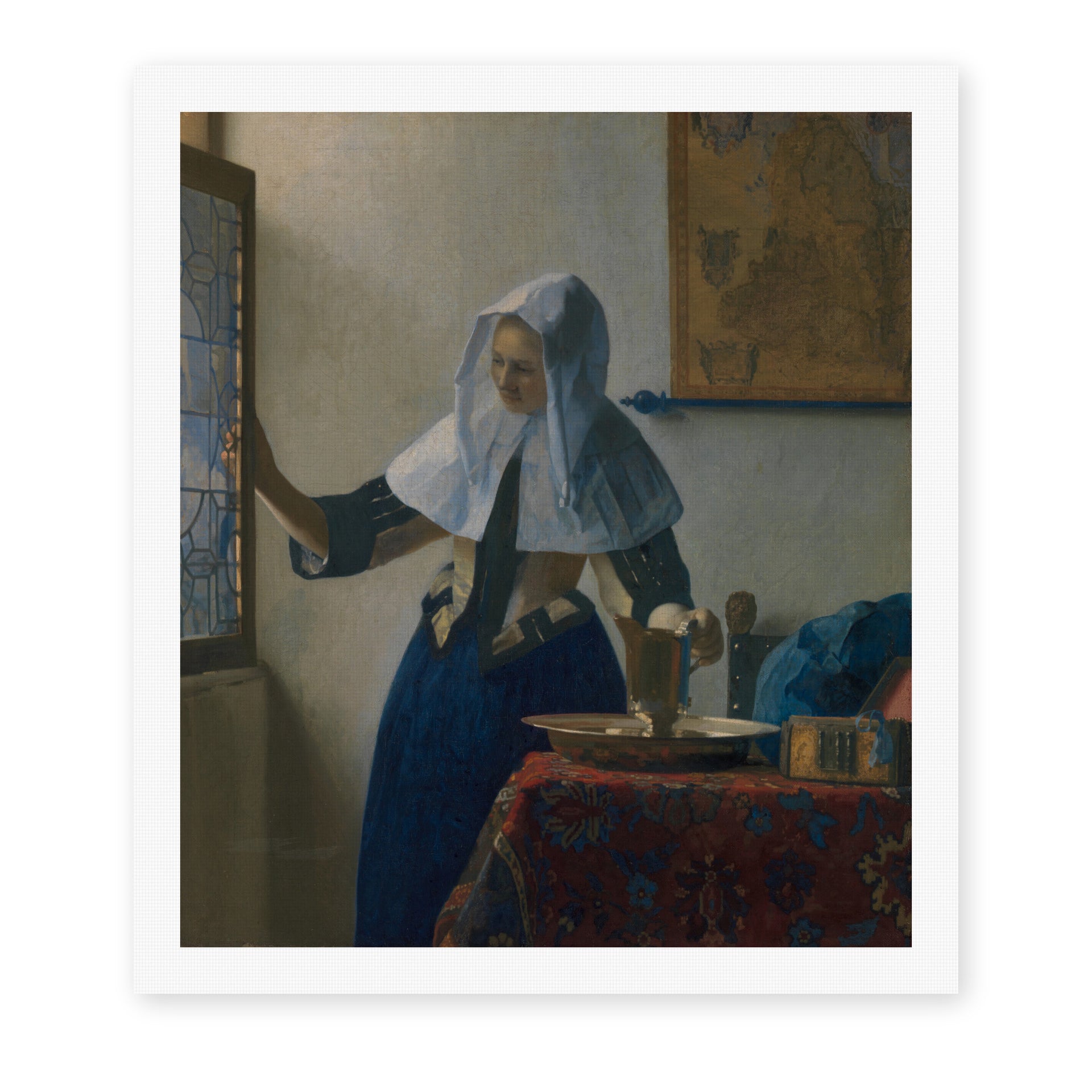 Johannes Vermeer's 'Young Woman with a Water Pitcher' painting reproduced as a rolled canvas print