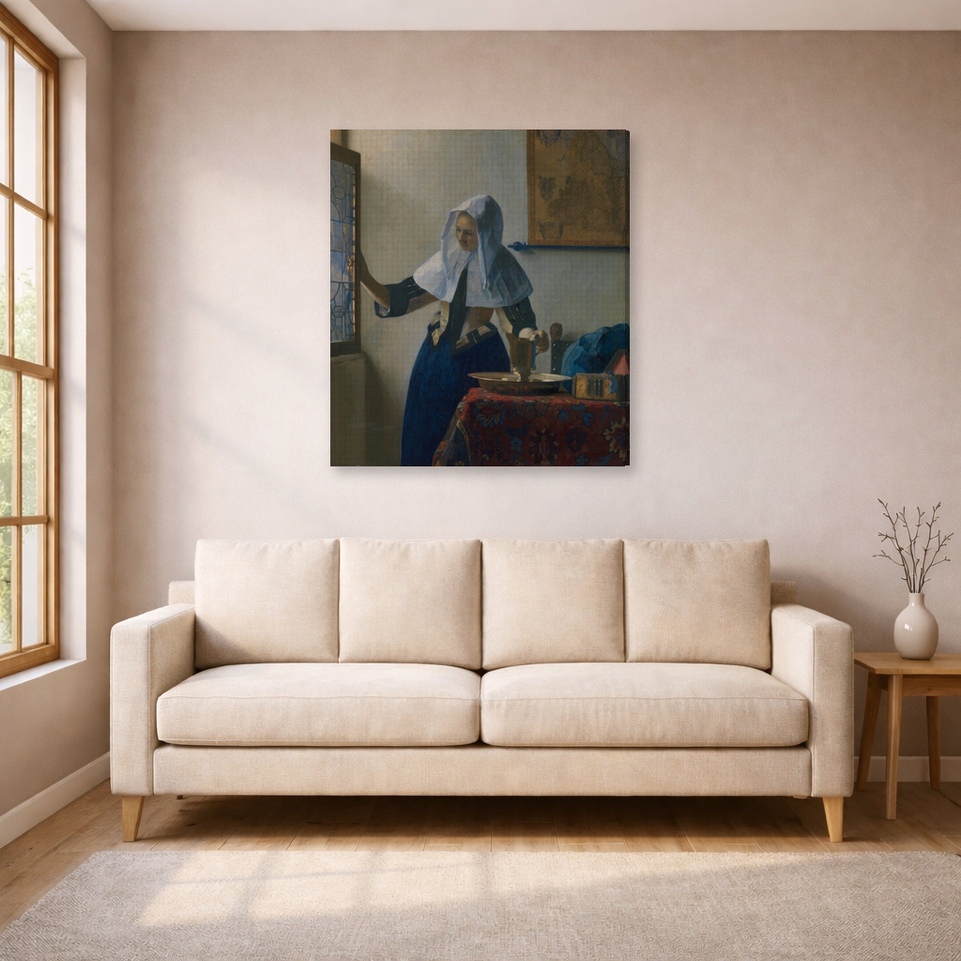 Gallery-wrapped canvas print of Johannes Vermeer's Young Woman with a Water Pitcher displayed on a wall in a living room
