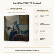 Johannes Vermeer - Young Woman with a Water Pitcher gallery wrap canvas construction and hanging details infographic