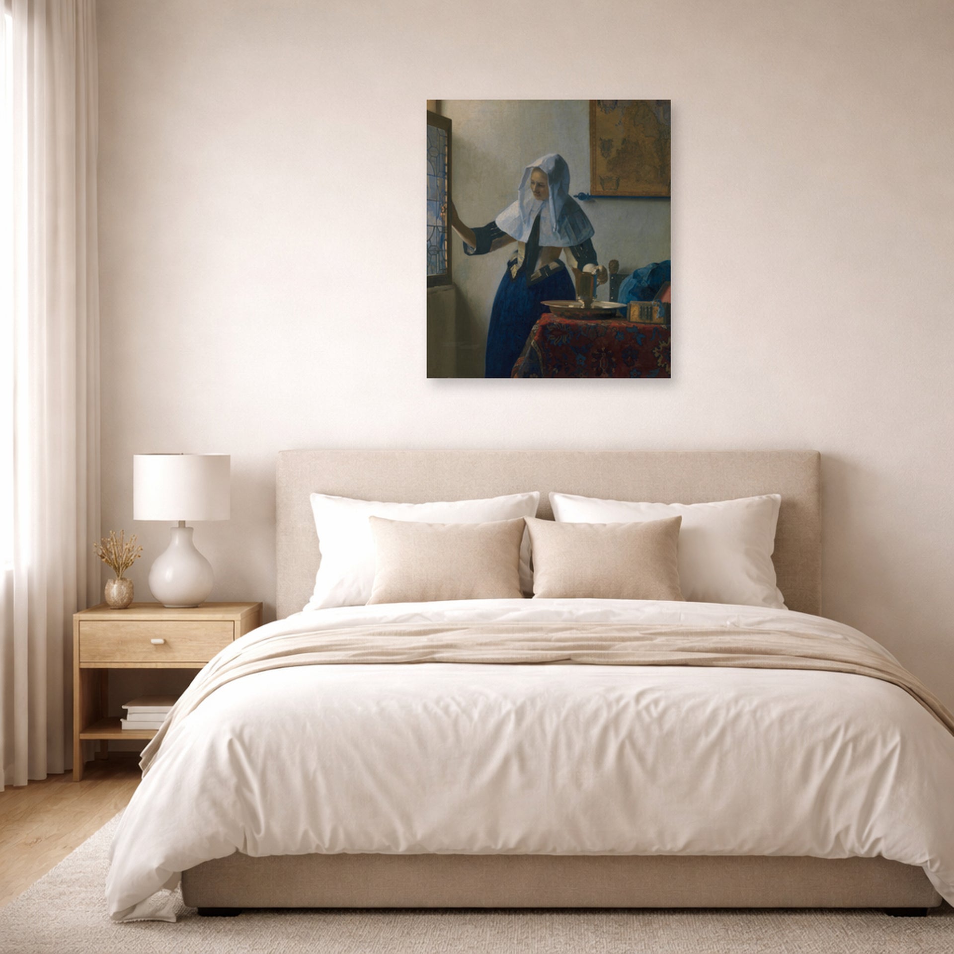 Unframed poster print of Johannes Vermeer's Young Woman with a Water Pitcher displayed on a wall in a bedroom