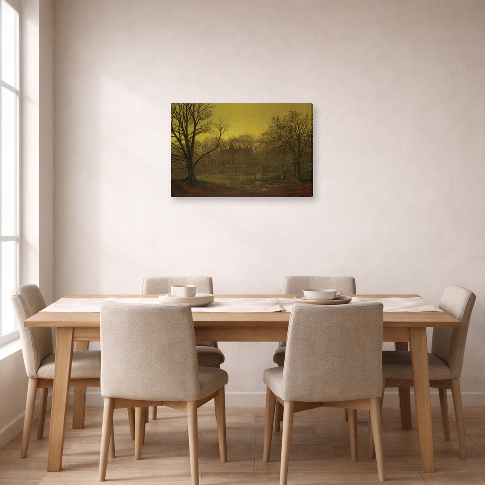 Gallery-wrapped canvas print of John Atkinson Grimshaw's 'A Yorkshire home' displayed on a wall in a dining room