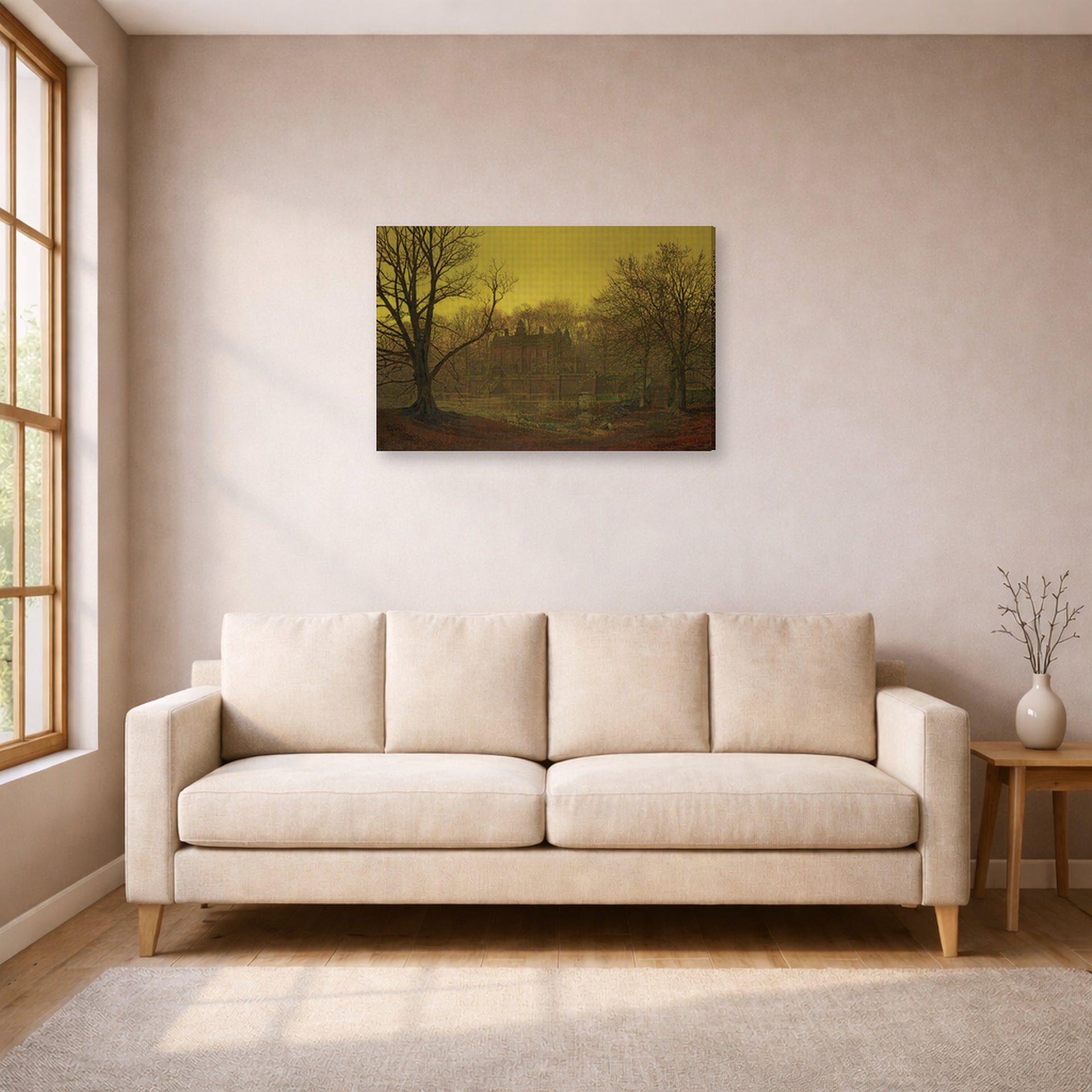 Gallery-wrapped canvas print of John Atkinson Grimshaw's 'A Yorkshire home' displayed on a wall in a living room