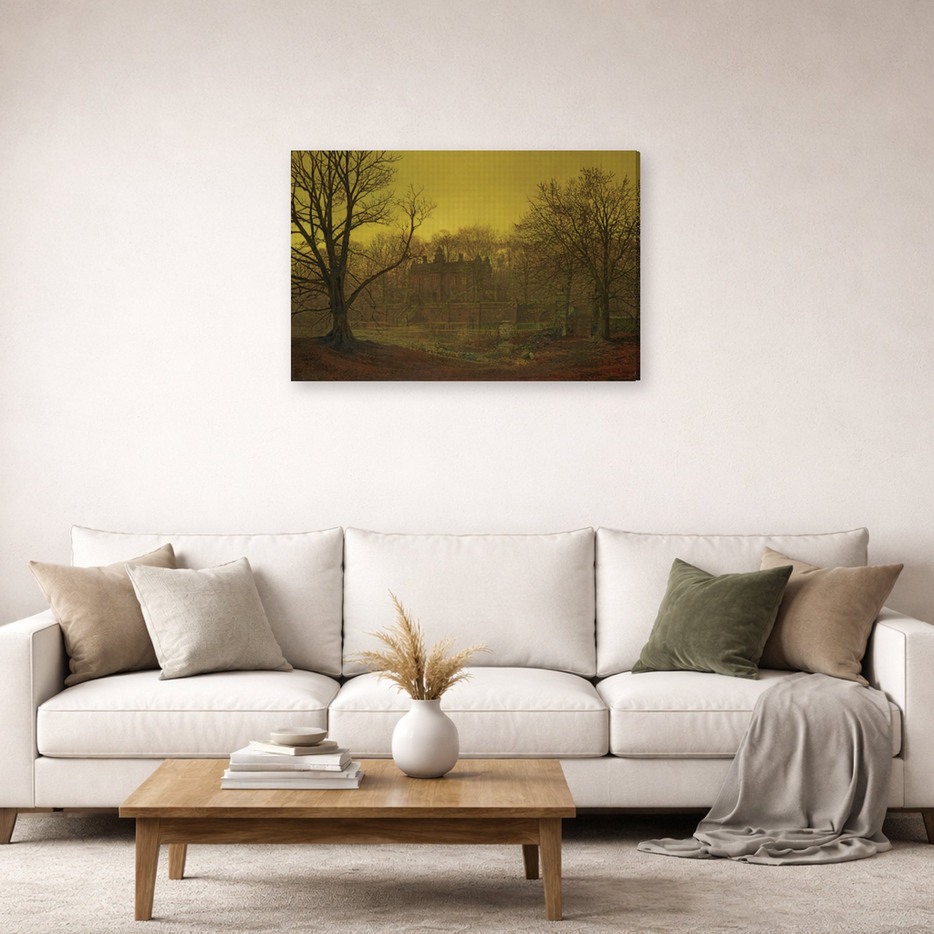 Gallery-wrapped canvas print of John Atkinson Grimshaw's 'A Yorkshire home' displayed on a wall in a living room