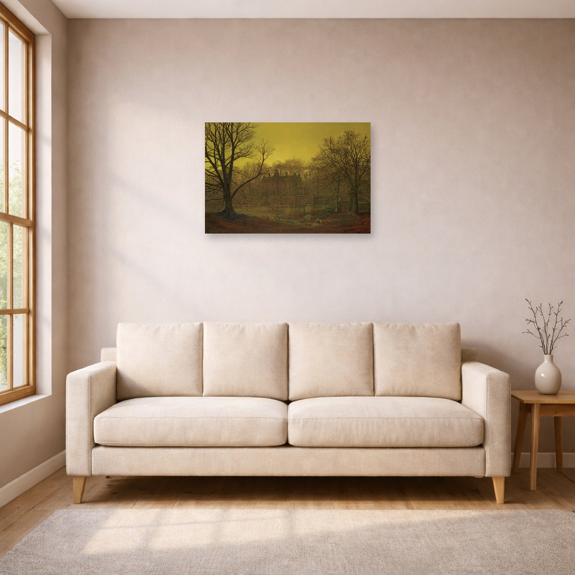 Unframed poster print of John Atkinson Grimshaw's 'A Yorkshire home' displayed on a wall in a living room