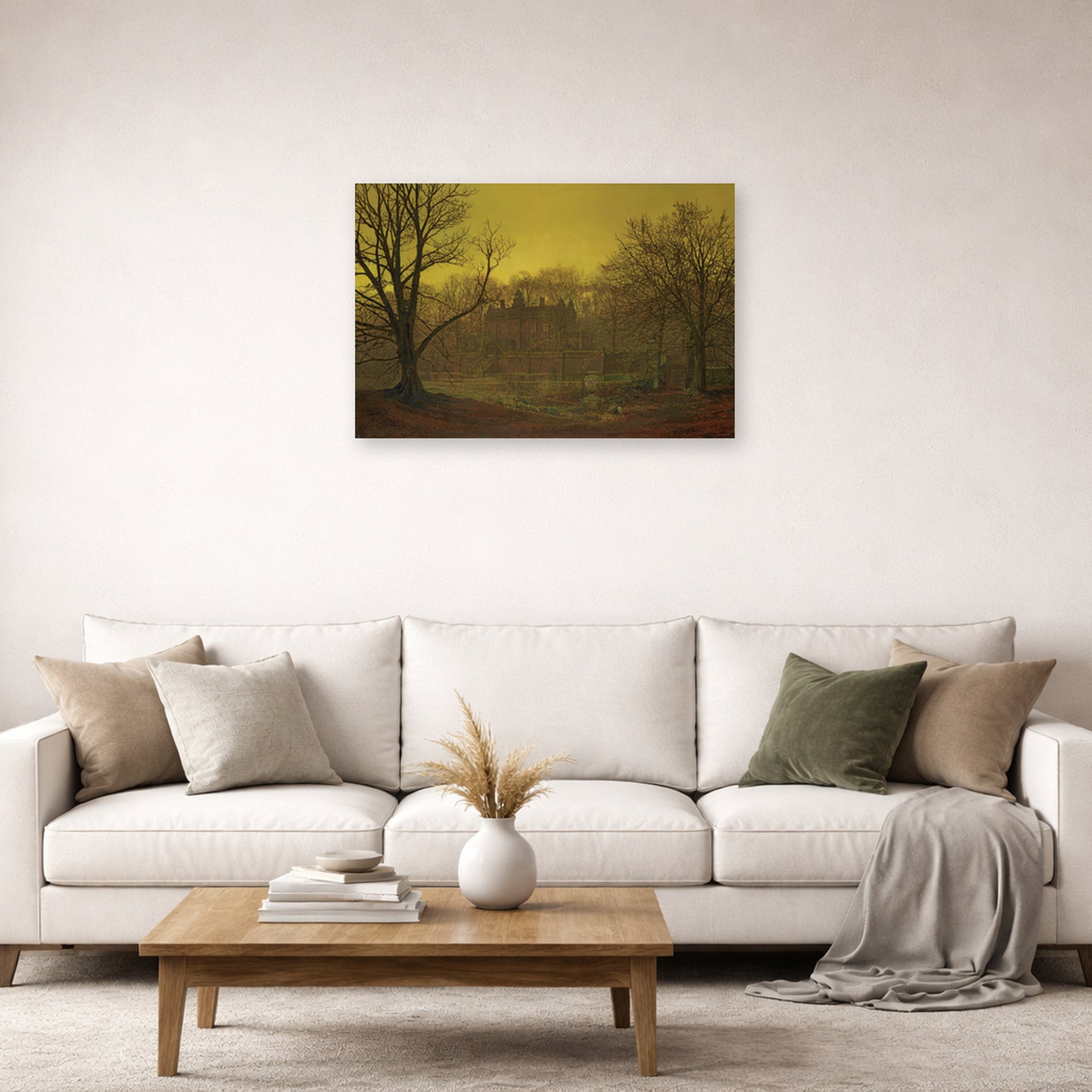 Unframed poster print of John Atkinson Grimshaw's 'A Yorkshire home' displayed on a wall in a living room