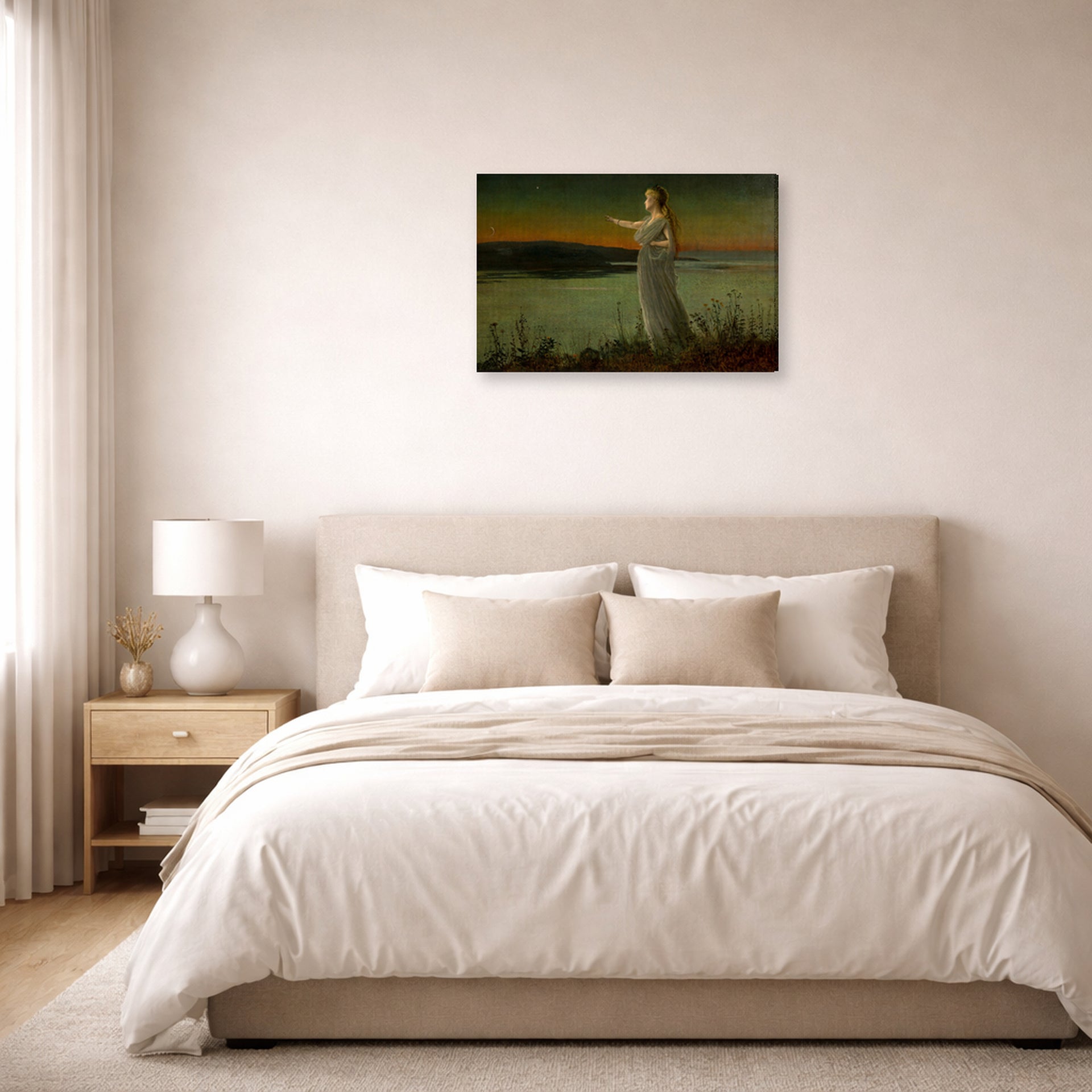 Gallery-wrapped canvas print of John Atkinson Grimshaw's 'Ariadne at Naxos' displayed on a wall in a bedroom
