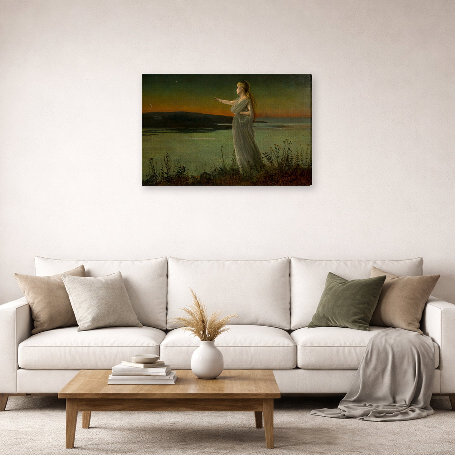 Gallery-wrapped canvas print of John Atkinson Grimshaw's 'Ariadne at Naxos' displayed on a wall in a living room