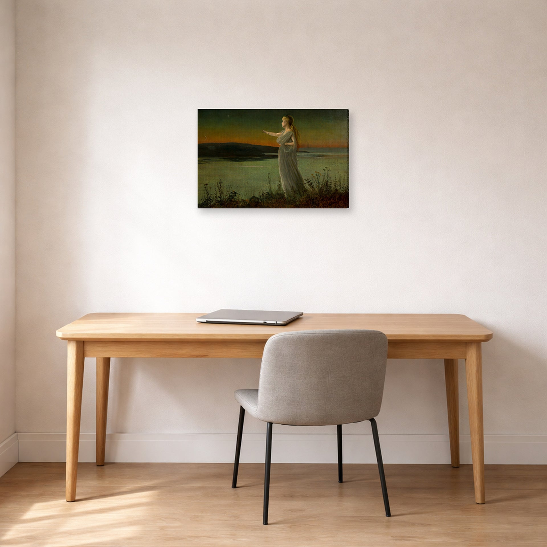 Gallery-wrapped canvas print of John Atkinson Grimshaw's 'Ariadne at Naxos' displayed on a wall in an office