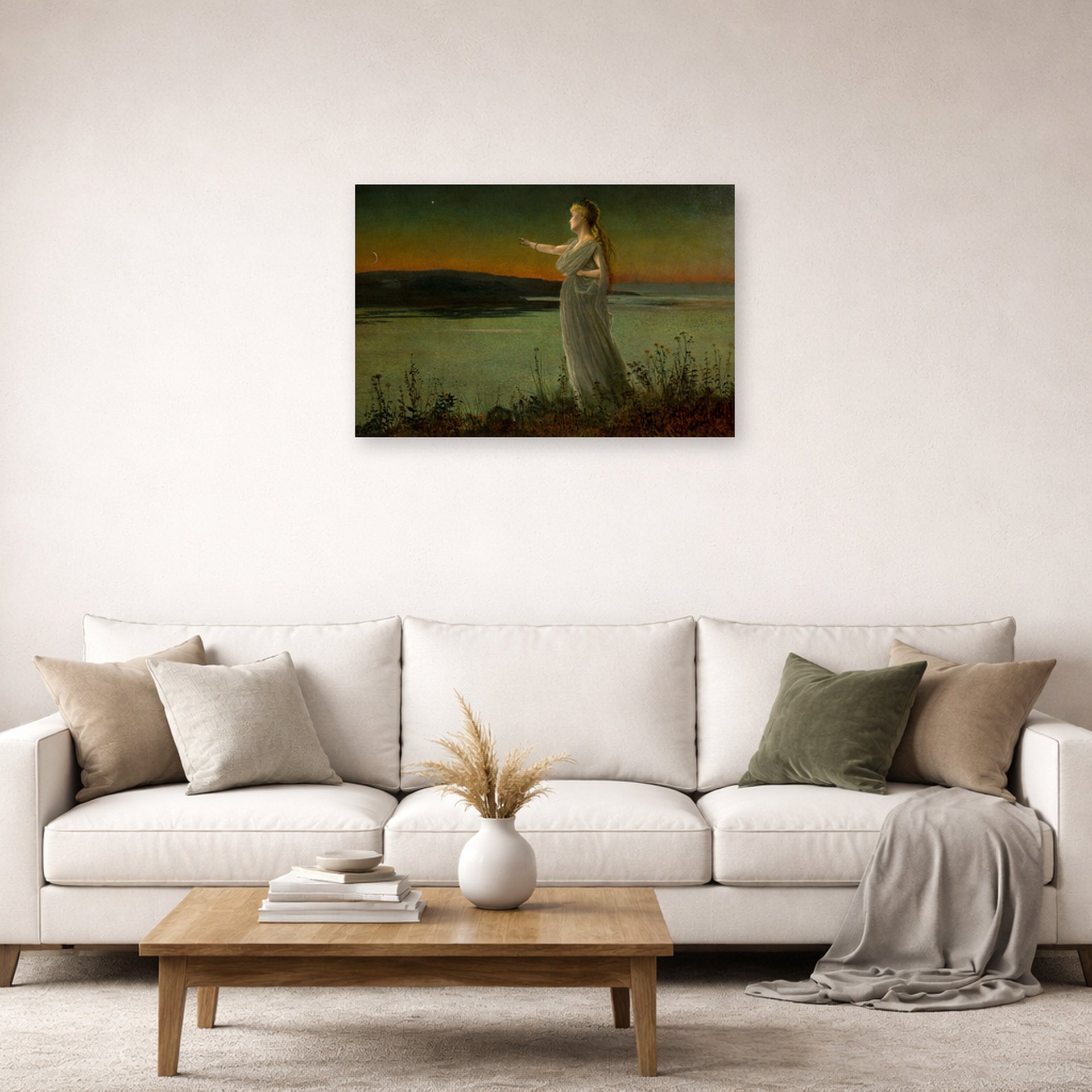 Unframed poster print of John Atkinson Grimshaw's 'Ariadne at Naxos' displayed on a wall in a living room