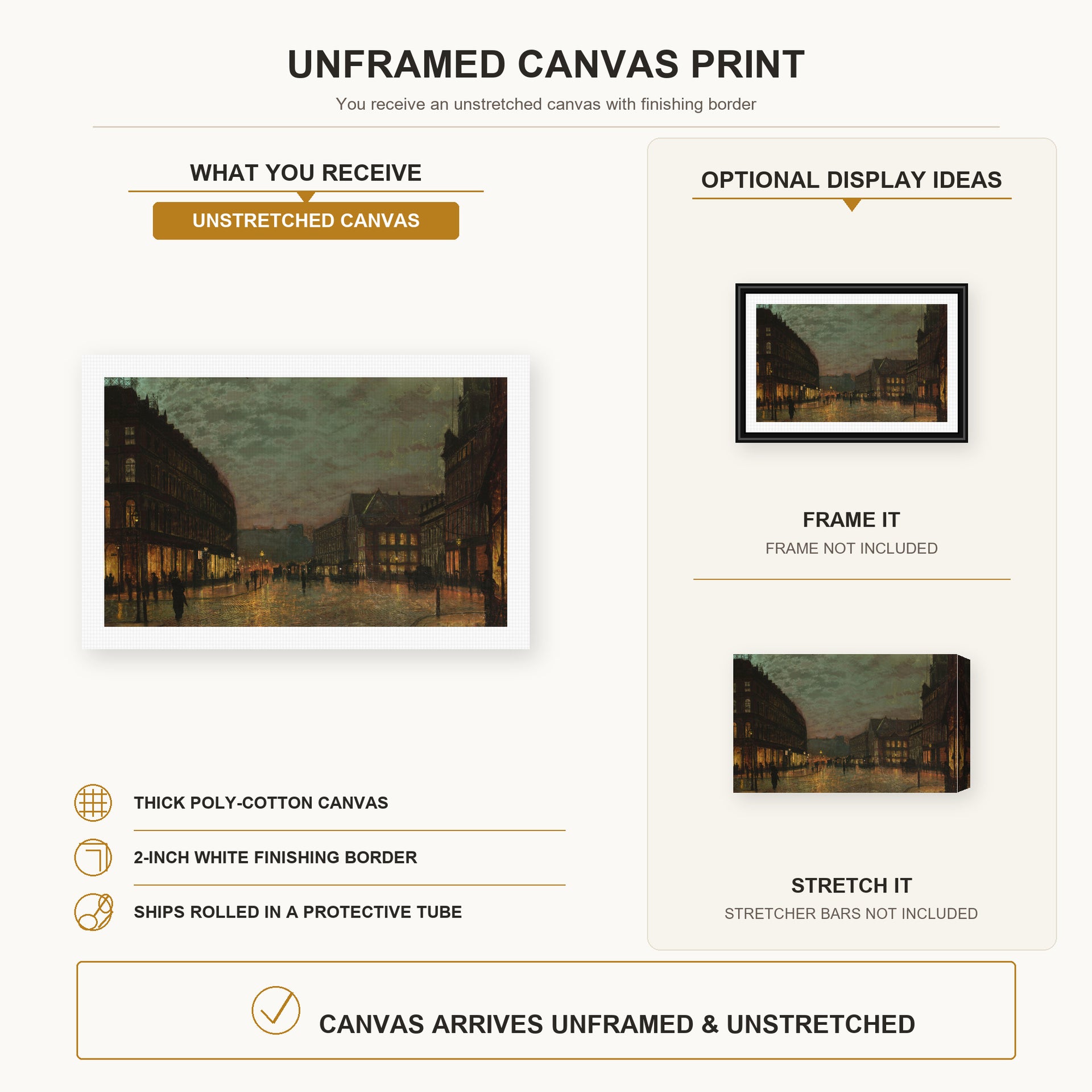 John Atkinson Grimshaw - Boar Lane Leeds by lamplight canvas print size comparison and framing display infographic