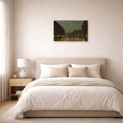 Gallery-wrapped canvas print of John Atkinson Grimshaw's 'Boar Lane Leeds by lamplight' displayed on a wall in a bedroom