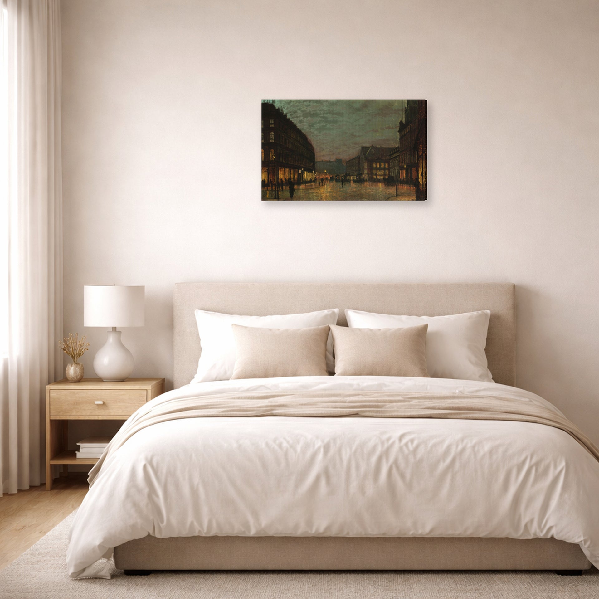 Gallery-wrapped canvas print of John Atkinson Grimshaw's 'Boar Lane Leeds by lamplight' displayed on a wall in a bedroom