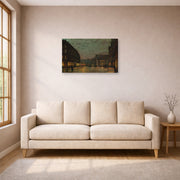 Gallery-wrapped canvas print of John Atkinson Grimshaw's 'Boar Lane Leeds by lamplight' displayed on a wall in a living room