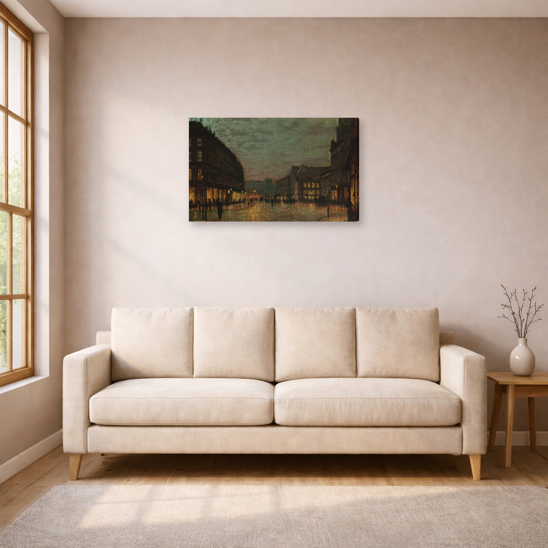 Gallery-wrapped canvas print of John Atkinson Grimshaw's 'Boar Lane Leeds by lamplight' displayed on a wall in a living room
