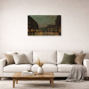 Gallery-wrapped canvas print of John Atkinson Grimshaw's 'Boar Lane Leeds by lamplight' displayed on a wall in a living room