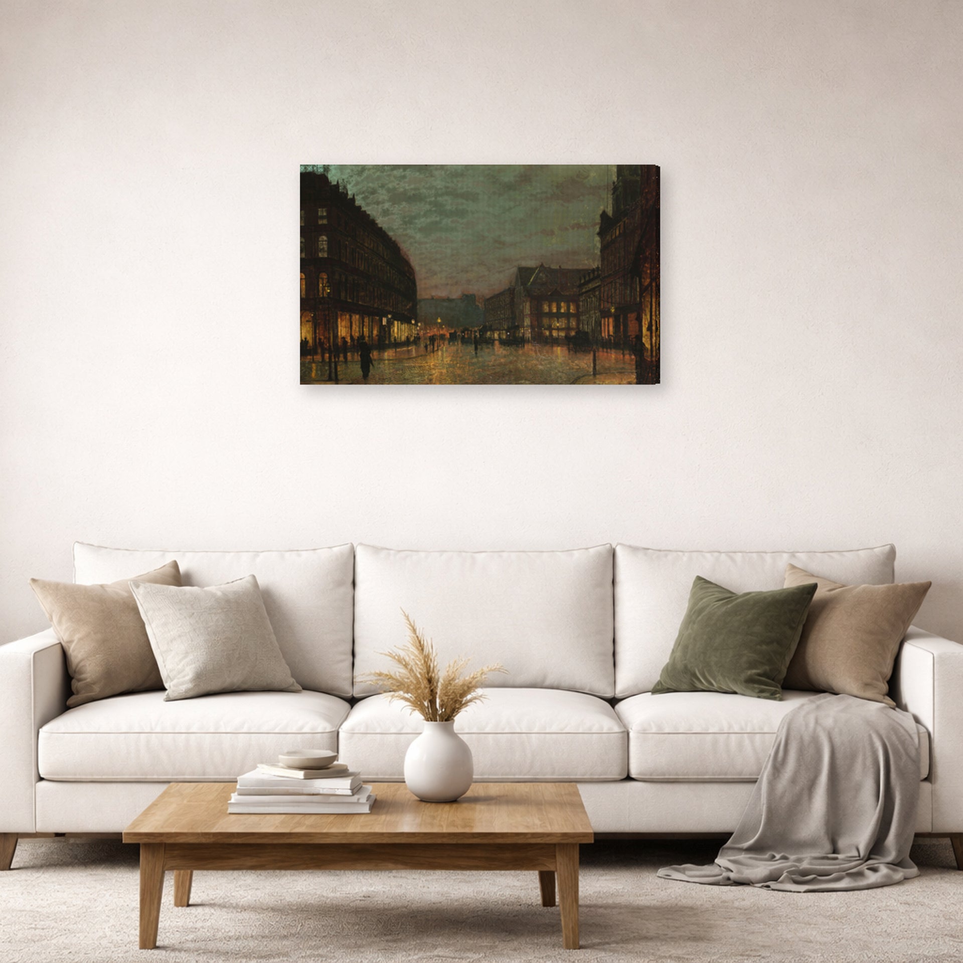 Gallery-wrapped canvas print of John Atkinson Grimshaw's 'Boar Lane Leeds by lamplight' displayed on a wall in a living room