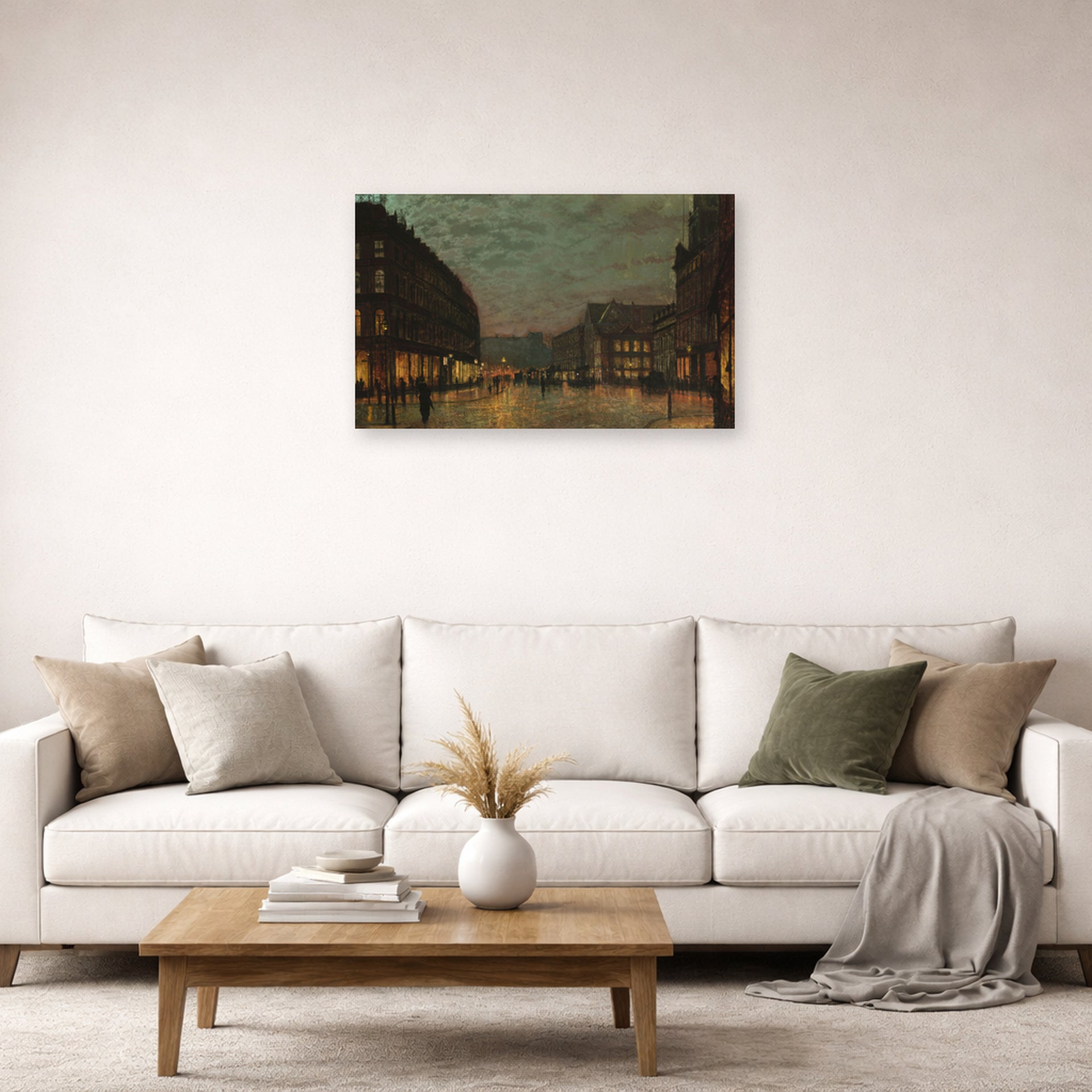 Unframed poster print of John Atkinson Grimshaw's 'Boar Lane Leeds by lamplight' displayed on a wall in a living room