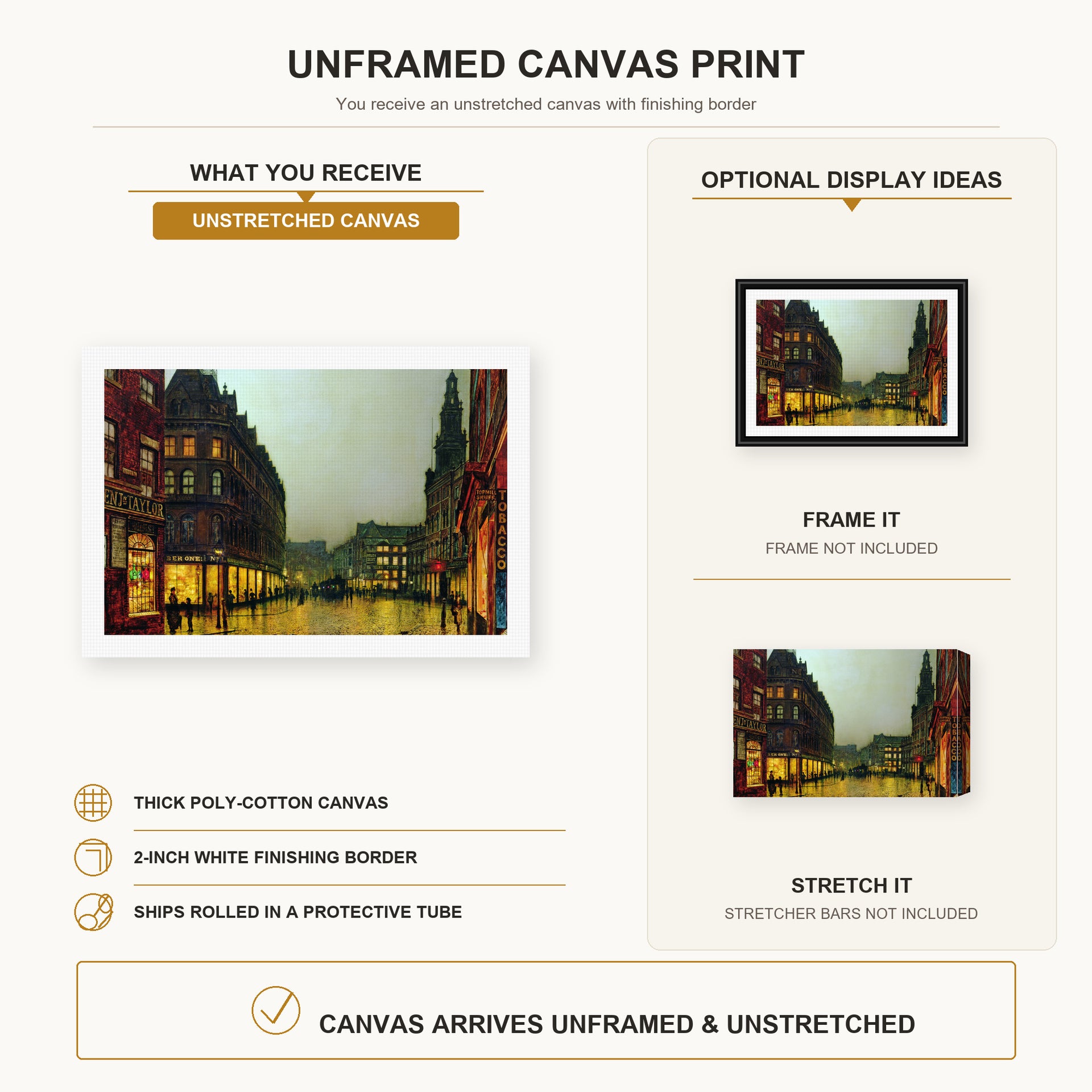 John Atkinson Grimshaw - Boar Lane Leeds canvas print size comparison and framing display infographic