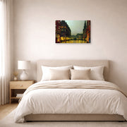Gallery-wrapped canvas print of John Atkinson Grimshaw's 'Boar Lane Leeds' displayed on a wall in a bedroom