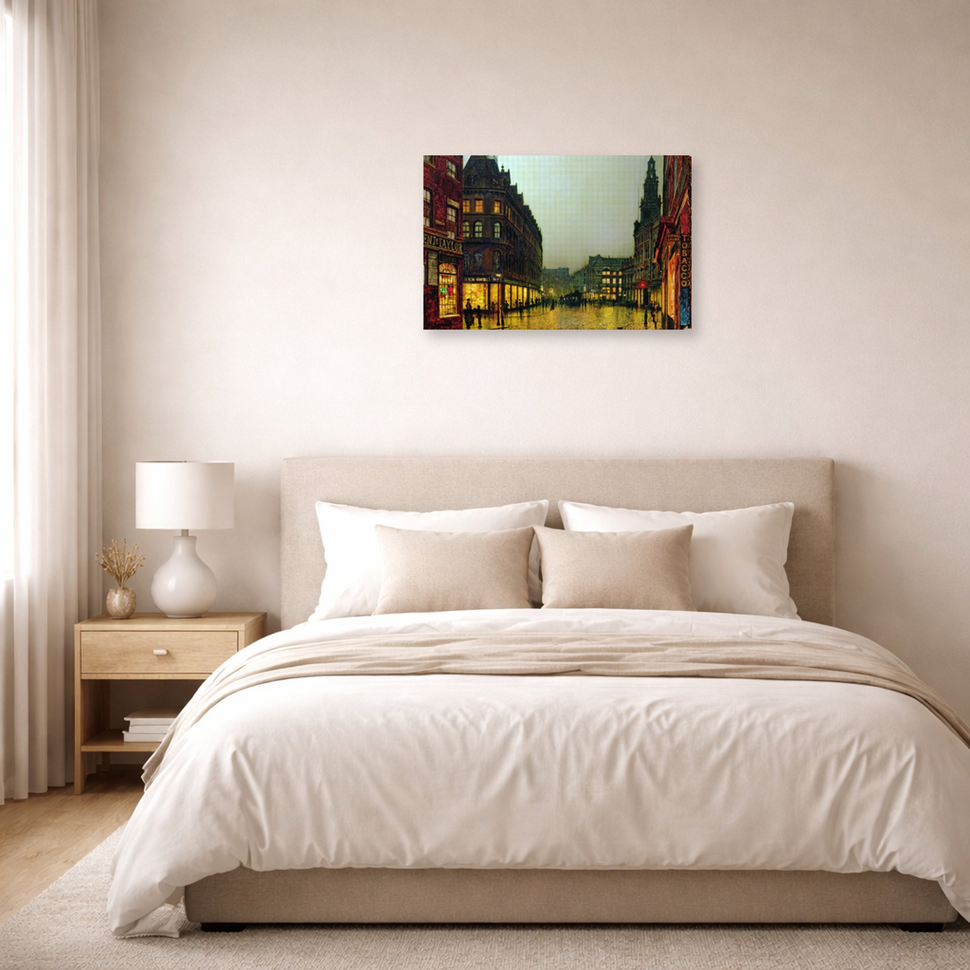 Gallery-wrapped canvas print of John Atkinson Grimshaw's 'Boar Lane Leeds' displayed on a wall in a bedroom