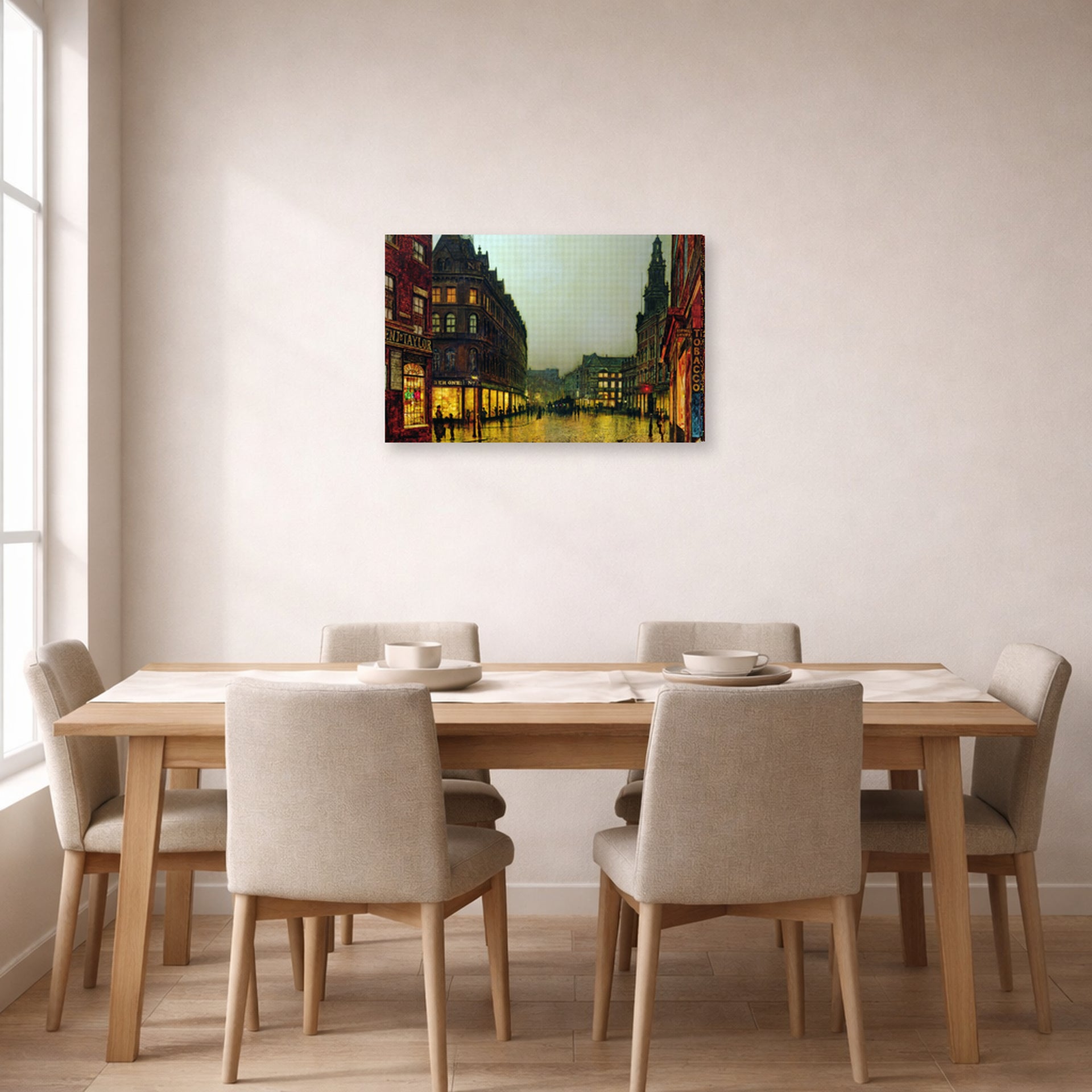 Gallery-wrapped canvas print of John Atkinson Grimshaw's 'Boar Lane Leeds' displayed on a wall in a dining room